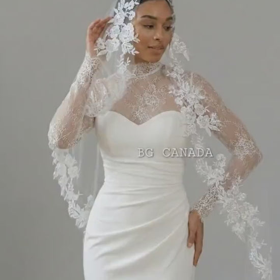 Floral Lace Mantilla Cathedral Veil with Hidden Comb, Spanish Inspired Bridal Headpiece, wedding tulle ivory or white