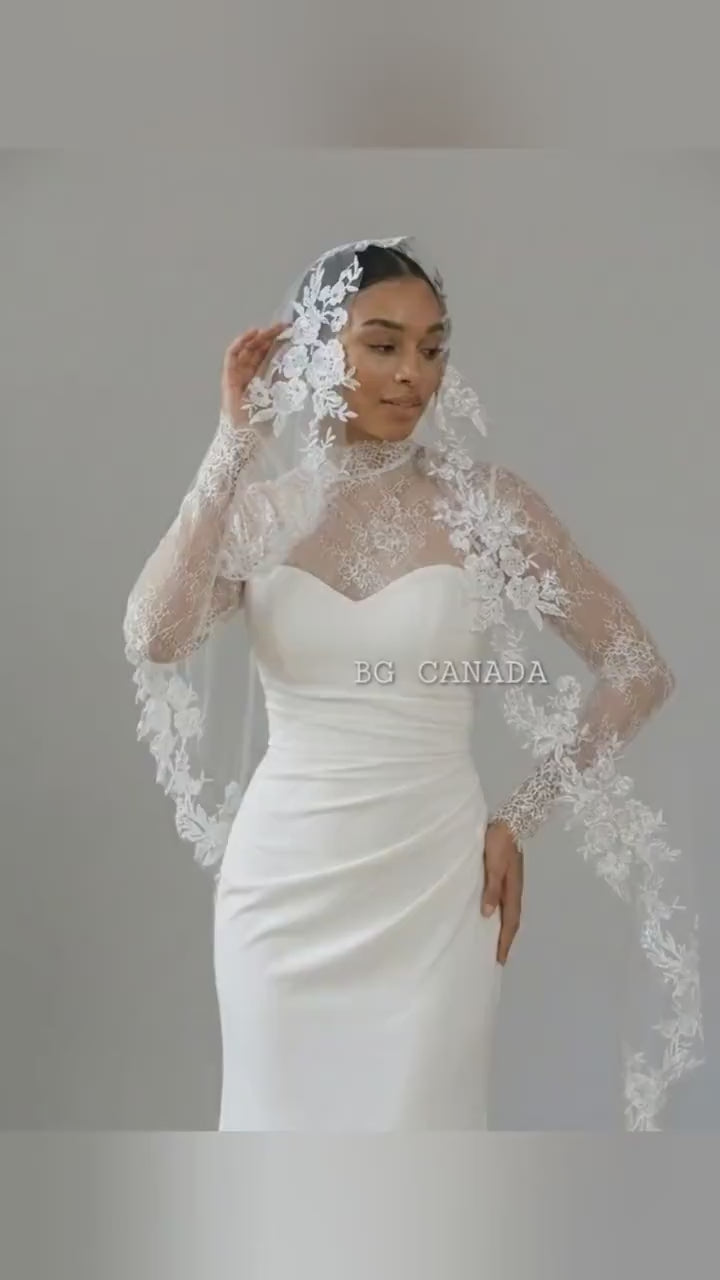 Floral Lace Mantilla Cathedral Veil with Hidden Comb, Spanish Inspired Bridal Headpiece, wedding tulle ivory or white