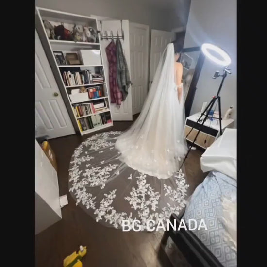 Cathedral Wedding Veil • Floral Lace Appliqué, Tulle Train embroidered lace edge