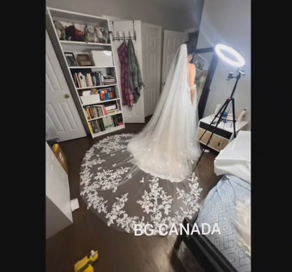 Cathedral Wedding Veil • Floral Lace Appliqué, Tulle Train embroidered lace edge