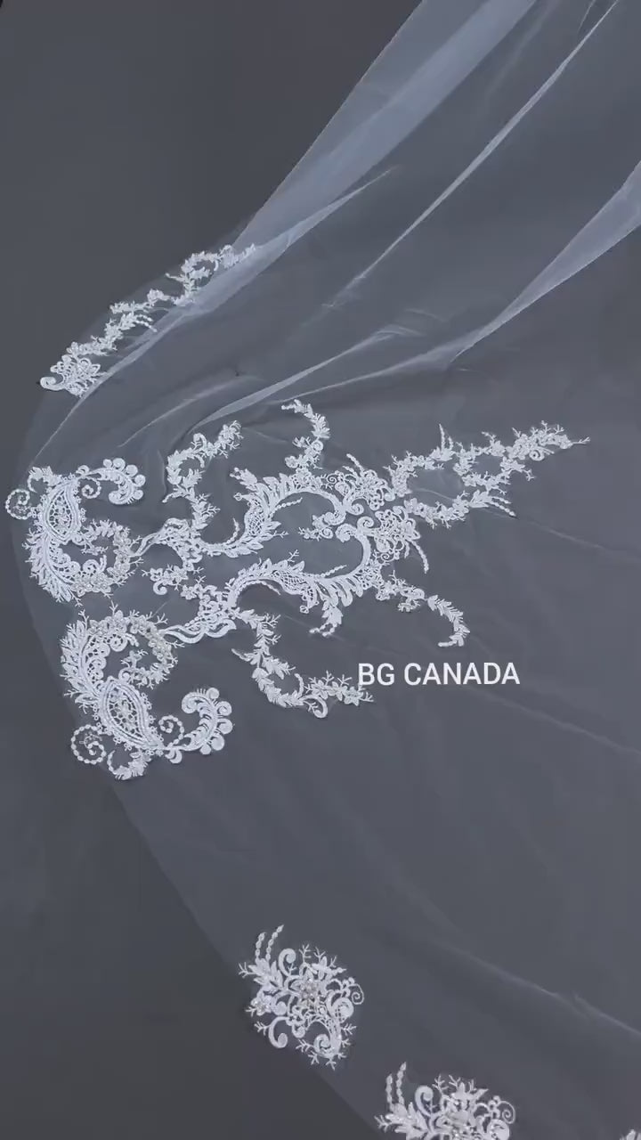 Extra Wide Royal Cathedral Veil Vintage Style Lace Appliqué Bridal Veil, Baroque Lace Long Veil, Classic Romantic Wedding Veil