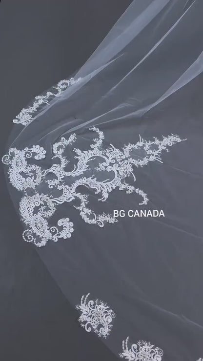 Extra Wide Royal Cathedral Veil Vintage Style Lace Appliqué Bridal Veil, Baroque Lace Long Veil, Classic Romantic Wedding Veil