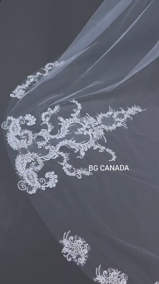 Extra Wide Royal Cathedral Veil Vintage Style Lace Appliqué Bridal Veil, Baroque Lace Long Veil, Classic Romantic Wedding Veil