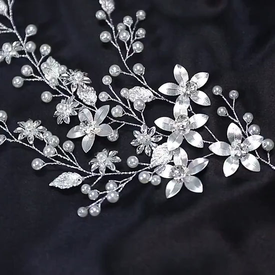 Silver floral hair vine floral bridal hair vine floral wedding hairpiece