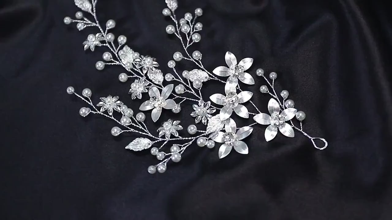 Silver floral hair vine floral bridal hair vine floral wedding hairpiece