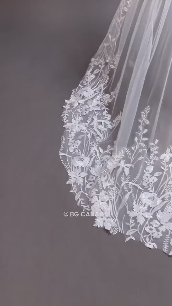 Floral Lace Cathedral Wedding Veil: Bridal Illusion Tulle
