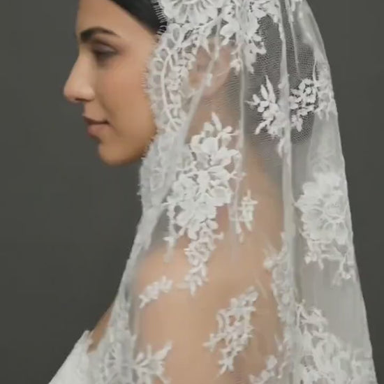 Chantilly Mantilla with Eyelash Lace Border, Floral Tulle Bridal Headpiece, Spanish-Inspired Long Wedding Accessory
