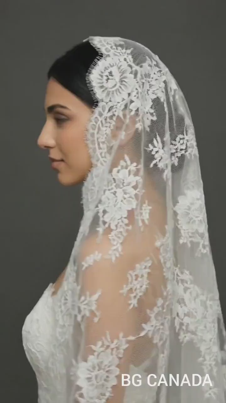 Chantilly Mantilla with Eyelash Lace Border, Floral Tulle Bridal Headpiece, Spanish-Inspired Long Wedding Accessory