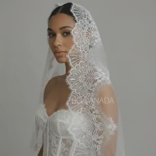 Lace Mantilla Wedding Veil – Scalloped Chantilly eyelash Lace (White, Off White, Ivory)
