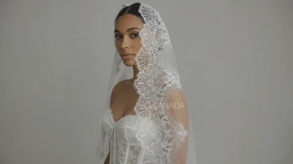 Lace Mantilla Wedding Veil – Scalloped Chantilly eyelash Lace (White, Off White, Ivory)