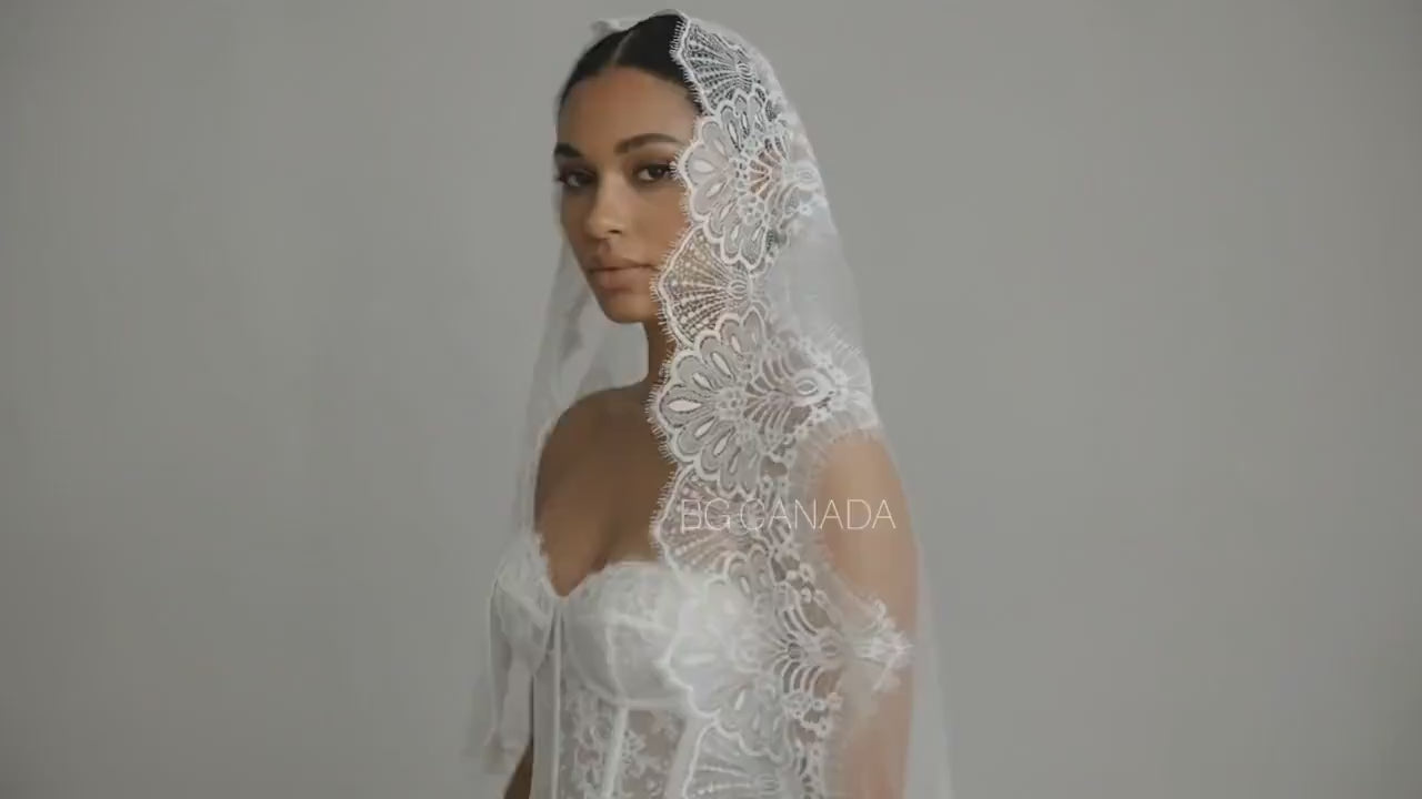 Lace Mantilla Wedding Veil – Scalloped Chantilly eyelash Lace (White, Off White, Ivory)