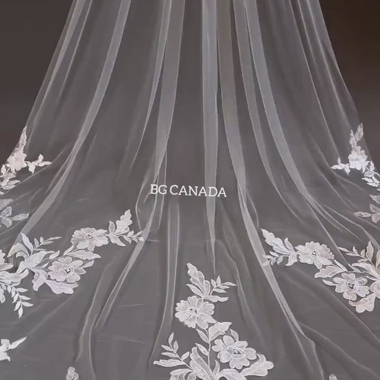 Cathedral Wedding Veil: White Floral Lace Border, Bridal Tulle