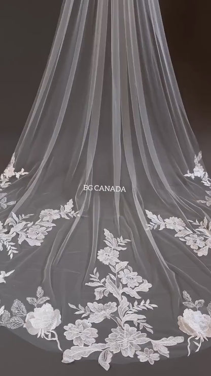 Cathedral Wedding Veil: White Floral Lace Border, Bridal Tulle