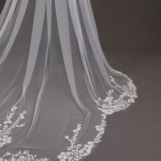 Floral Lace Cathedral Wedding Veil - Bridal Illusion Tulle