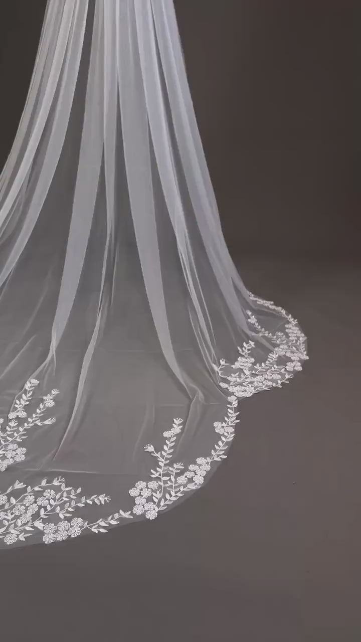 Floral Lace Cathedral Wedding Veil - Bridal Illusion Tulle