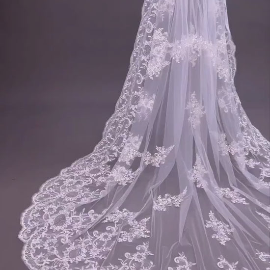 Lace Edge Cathedral Wedding Veil: Floral Sequins, Scalloped Vintage Lace