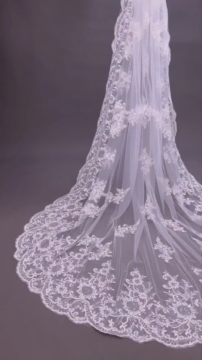 Lace Edge Cathedral Wedding Veil: Floral Sequins, Scalloped Vintage Lace