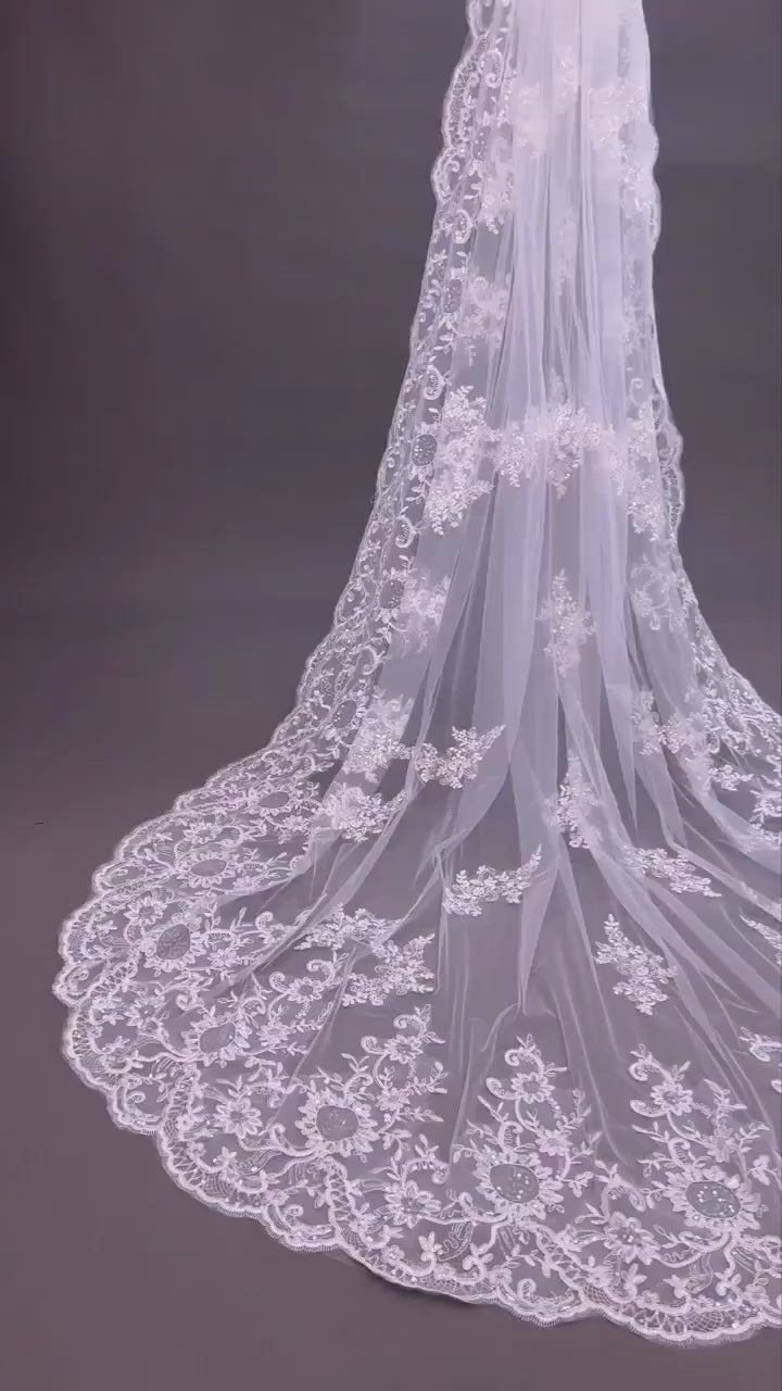 Lace Edge Cathedral Wedding Veil: Floral Sequins, Scalloped Vintage Lace