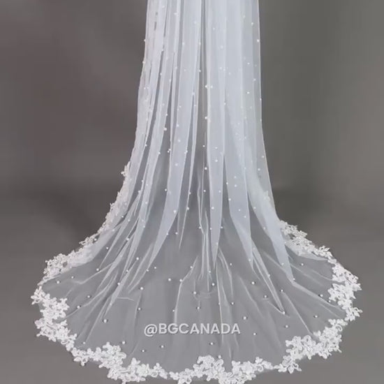 Pearl Wedding Veil with lace border: Ivory Lace Border Veil Lace edge veil scattered pearls