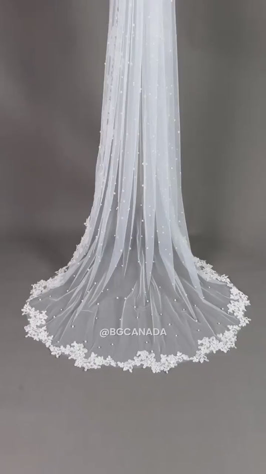 Pearl Wedding Veil with lace border: Ivory Lace Border Veil Lace edge veil scattered pearls