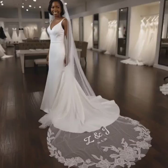 personalized Veil with pearls floral lace with names and wedding date veil with words Till death do us part