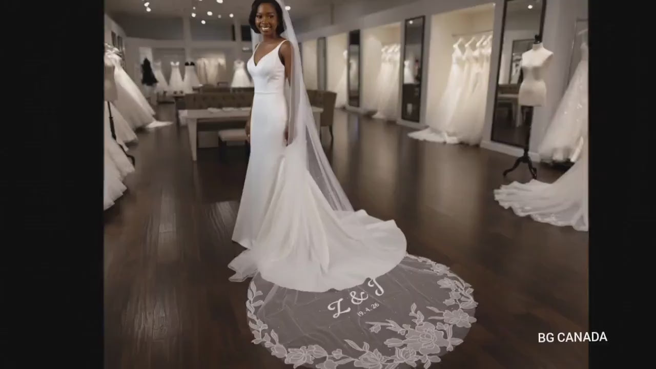 personalized Veil with pearls floral lace with names and wedding date veil with words Till death do us part