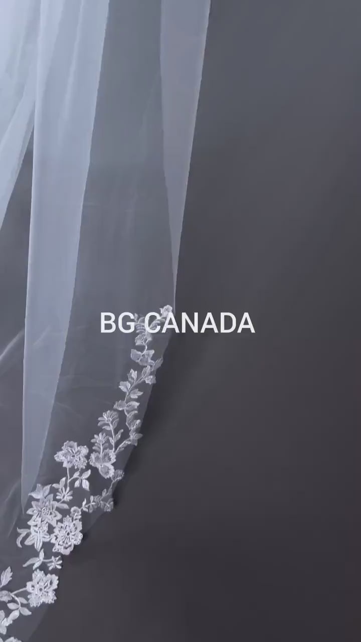 Long Lace Veil with Scalloped Floral Edges Bridal Veil for Mermaid Gown Soft Tulle Wedding Veil Lace Appliqué Edge Mermaid Train Bridal Veil