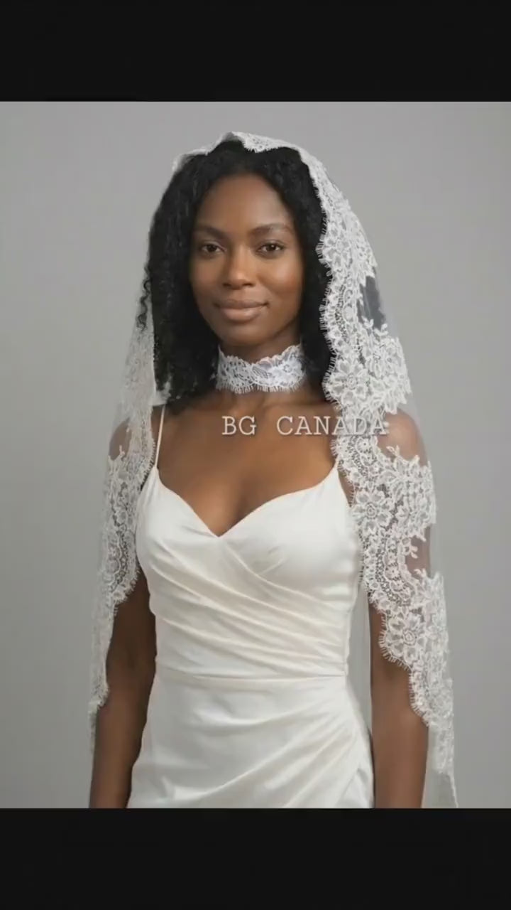 Cathedral Mantilla Veil, Eyelash Lace Trim, Soft Tulle Bridal Headpiece, Scalloped Lace