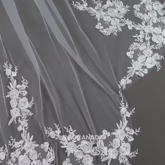 Floral Lace Wedding Veil, Scalloped Edge, Extra Wide