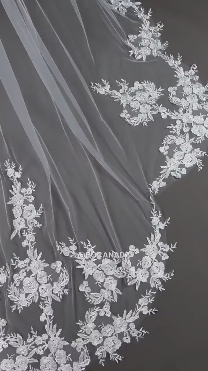 Floral Lace Wedding Veil, Scalloped Edge, Extra Wide