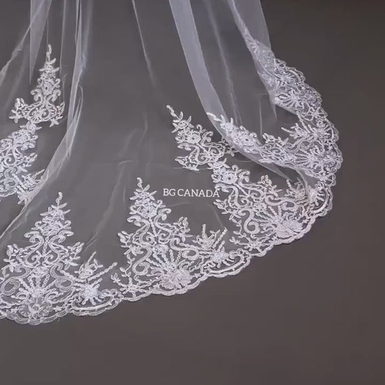 Lace Trim Cathedral Wedding Veil - Double Tier Bridal Veil