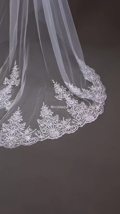 Lace Trim Cathedral Wedding Veil - Double Tier Bridal Veil