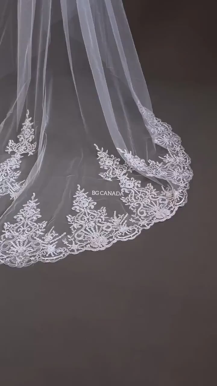 Lace Trim Cathedral Wedding Veil - Double Tier Bridal Veil