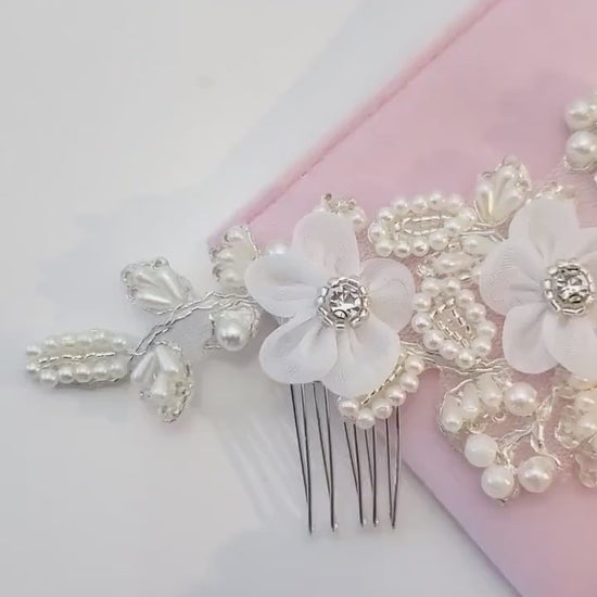 Bridal flower hair comb,wedding organza flower hair comb, pearl hair comb, bridal pearl crystal hair accessories, wedding hair accessories