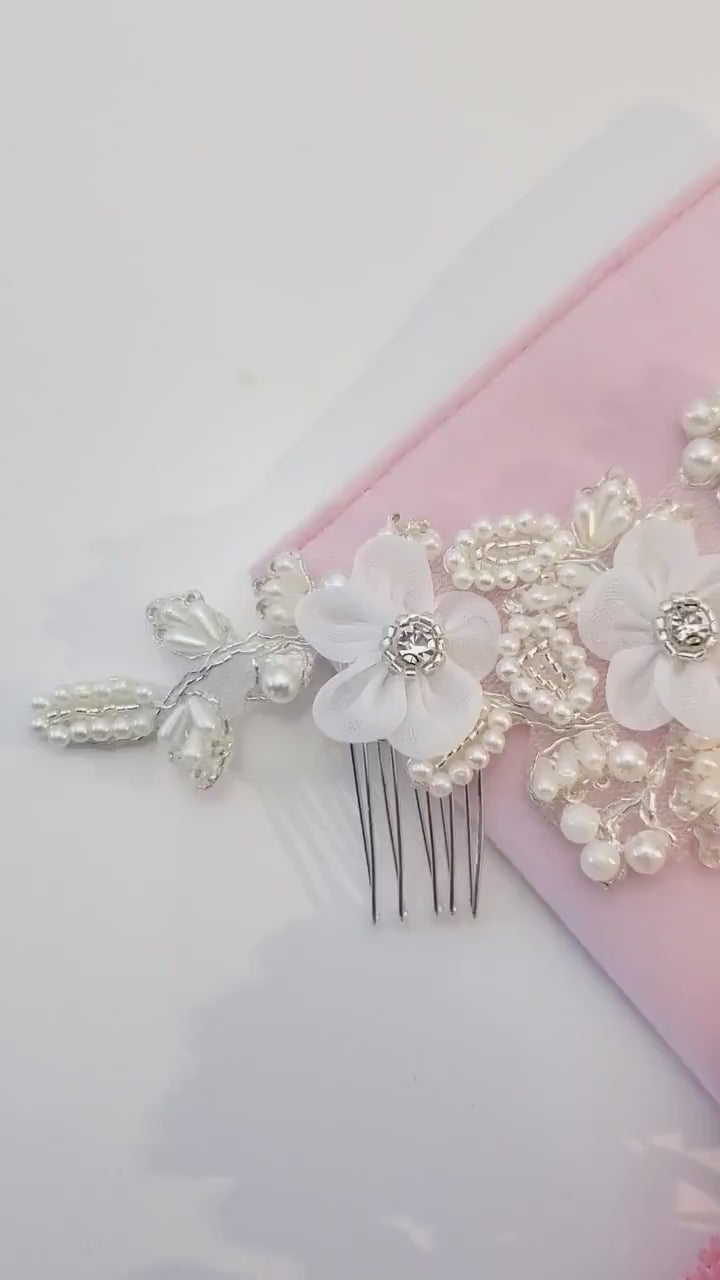 Bridal flower hair comb,wedding organza flower hair comb, pearl hair comb, bridal pearl crystal hair accessories, wedding hair accessories