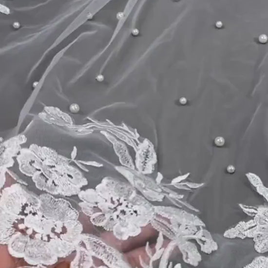 Pearl veil pearl Floral wedding veil long veil Lace Wedding Veil Cathedral wedding veil with pearls Ivory White