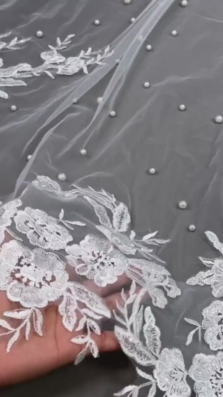 Pearl veil pearl Floral wedding veil long veil Lace Wedding Veil Cathedral wedding veil with pearls Ivory White