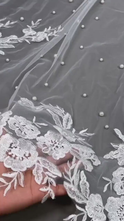 Pearl veil pearl Floral wedding veil long veil Lace Wedding Veil Cathedral wedding veil with pearls Ivory White