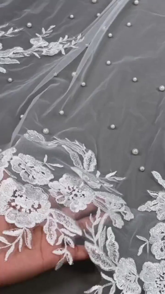 Pearl veil pearl Floral wedding veil long veil Lace Wedding Veil Cathedral wedding veil with pearls Ivory White