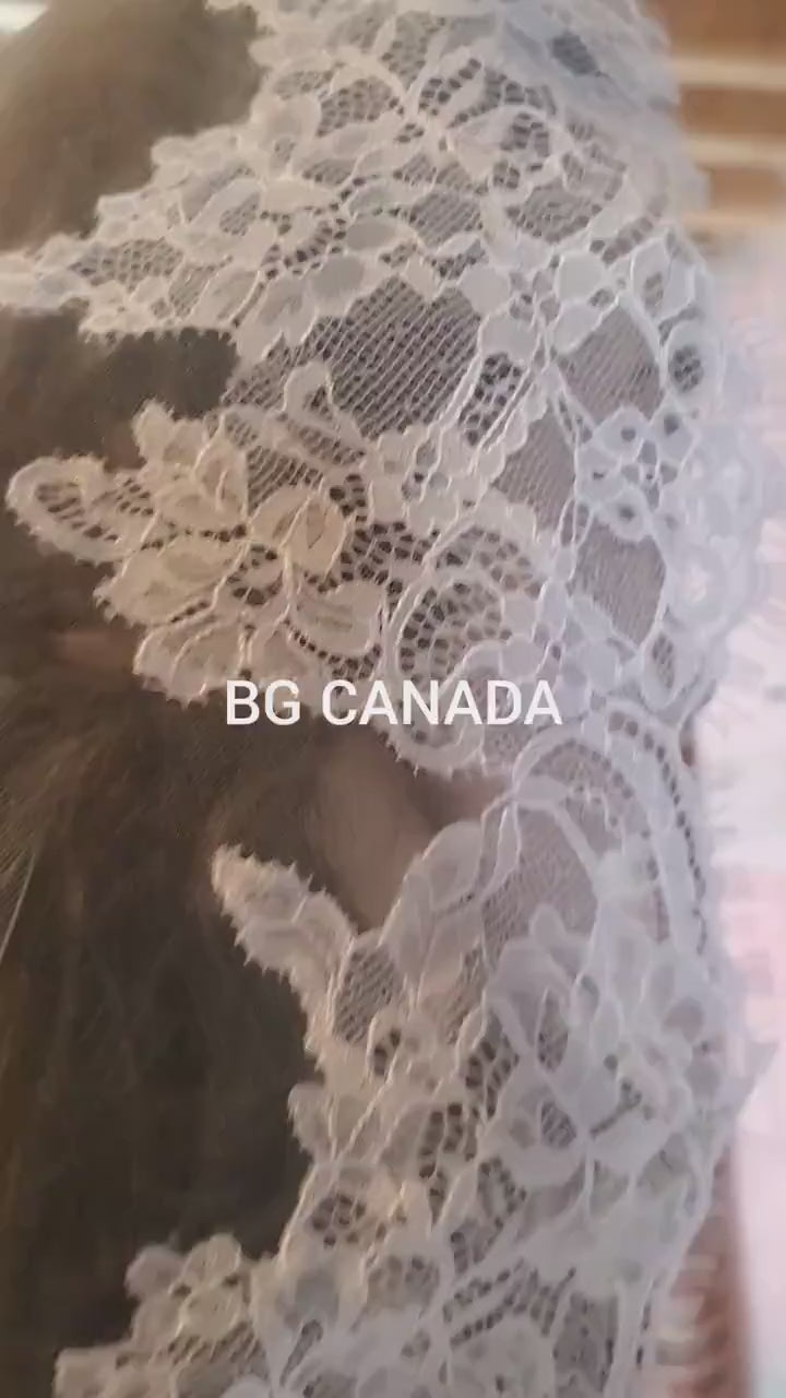 Extra Wide Chantilly Lace Mantilla Veil with Eyelash Trim – White Spanish Style Wedding Veil, Romantic Cathedral Bridal Veil