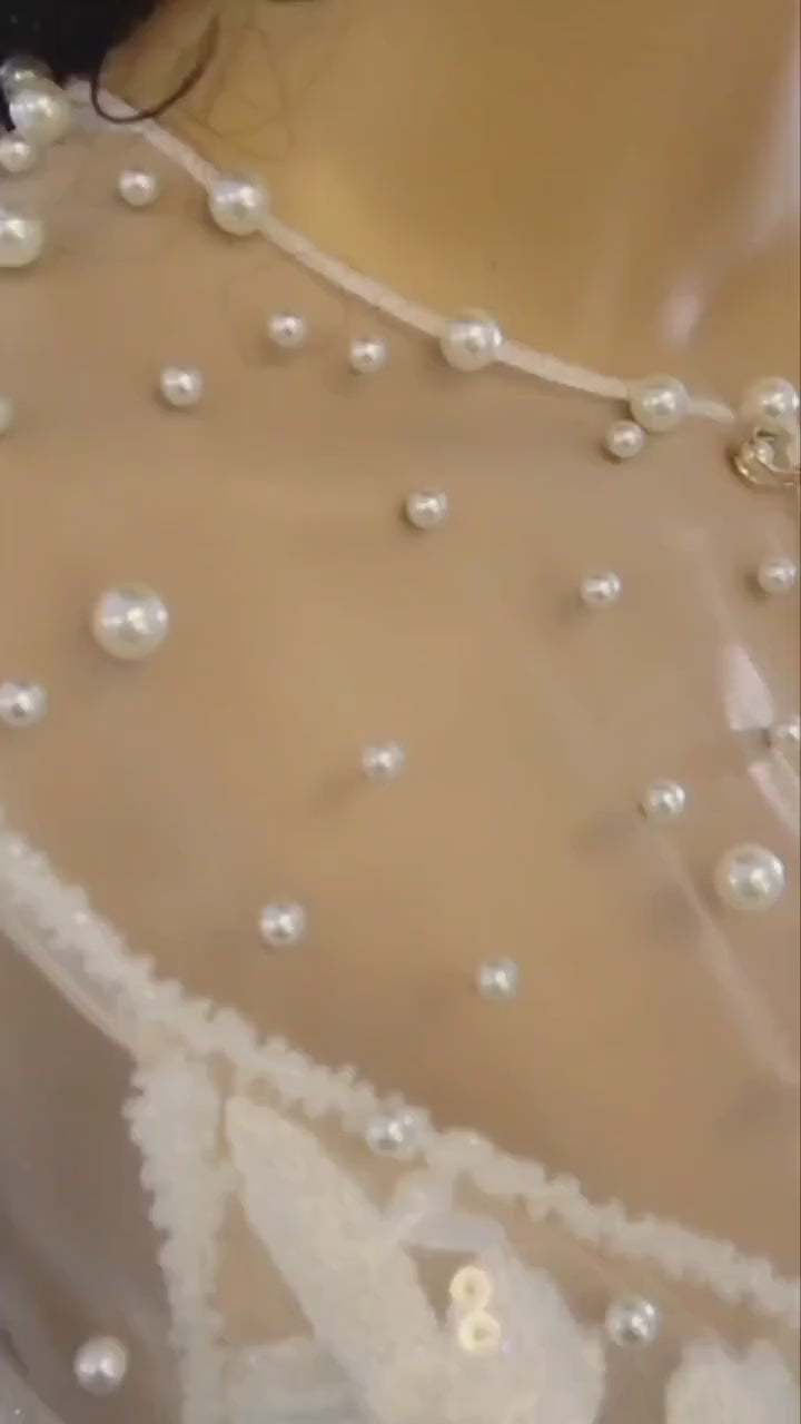 Bridal Lace Bolero Jacket Wedding Shrug Long Sleeve Lace Cover Up for Bride Elegant Wedding Jacket Pearl Bridal Boler Sheer Wedding Shawl