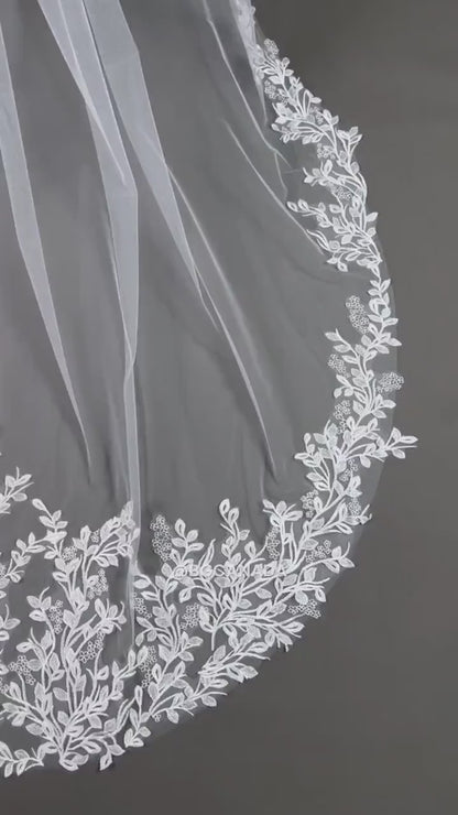 Leaf pattern  Wedding Veil: Ivory, white Lace, Leaf Embroidered Edge (300cm)