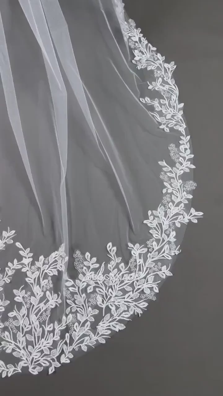 Leaf pattern  Wedding Veil: Ivory, white Lace, Leaf Embroidered Edge (300cm)