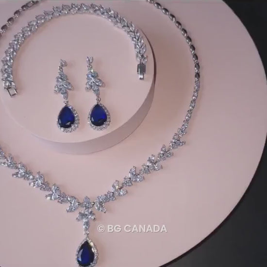 Blue Crystal Bridal Jewelry Set: Silver Necklace, Earrings, Bracelet