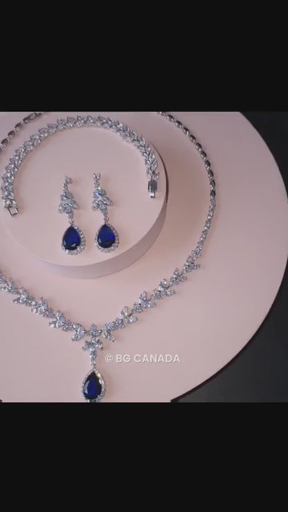 Blue Crystal Bridal Jewelry Set: Silver Necklace, Earrings, Bracelet