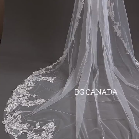 Flower Lace Wedding Veil: Cathedral Length, White or Ivory