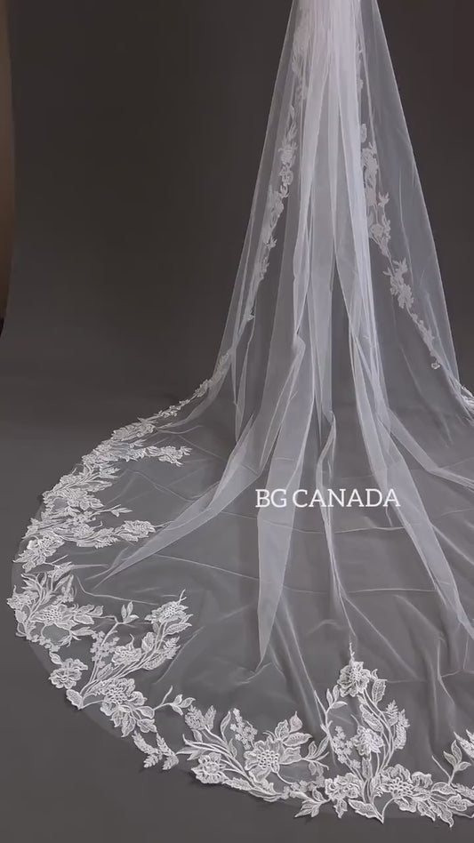 Flower Lace Wedding Veil: Cathedral Length, White or Ivory