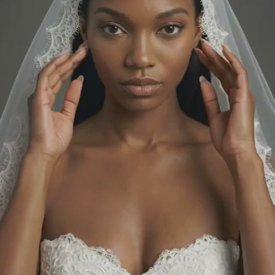 Eyelash Lace Fingertip Bridal Veil with Comb | Soft Tulle Lace Trim Veil | Classic Scalloped Edge Wedding Veil