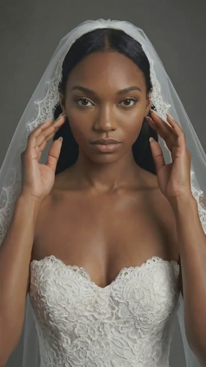 Eyelash Lace Fingertip Bridal Veil with Comb | Soft Tulle Lace Trim Veil | Classic Scalloped Edge Wedding Veil