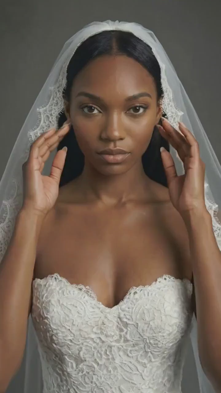 Eyelash Lace Fingertip Bridal Veil with Comb | Soft Tulle Lace Trim Veil | Classic Scalloped Edge Wedding Veil
